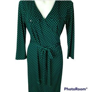Talbots Mid-Length Ruched Belted Dress Green Navy Womens MP Med EUC